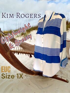 Kim Rogers Blue and White Striped Button Down Blouse 1X